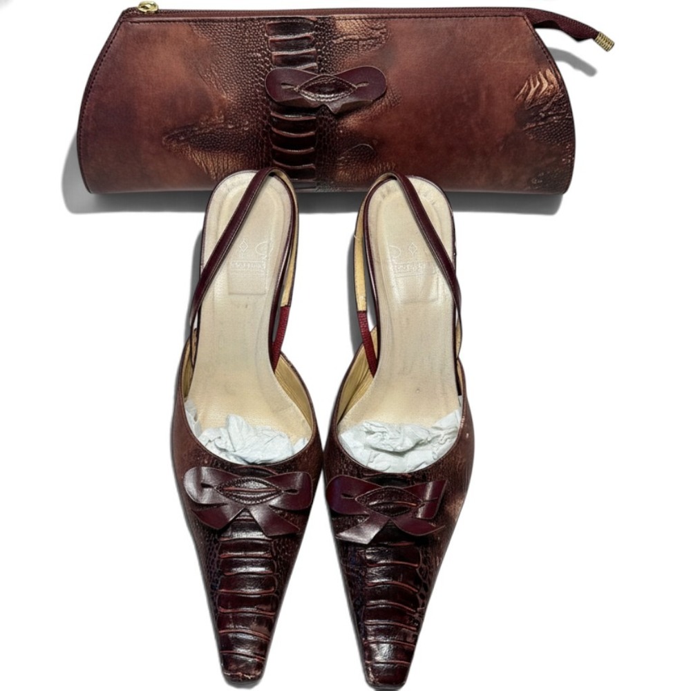 Vintage MARIO VALENTINO Burgundy Croc-Embossed Leather Set Kitten Heel 43 Clutch